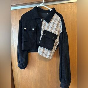 Half Corduroy, half flannel pattern. Crop jacket. Size small.